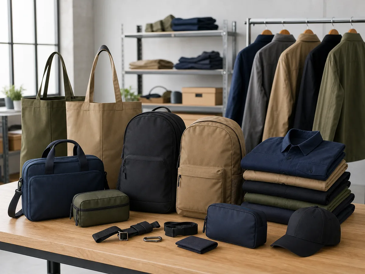 Unbranded apparel bags and accessories for commercial sourcing