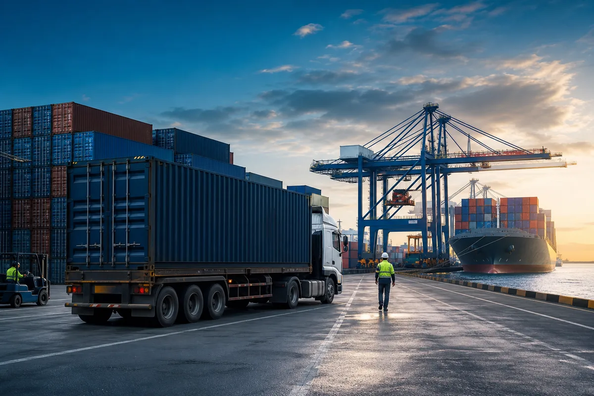 Container terminal coordinating sea freight, cargo transport and delivery