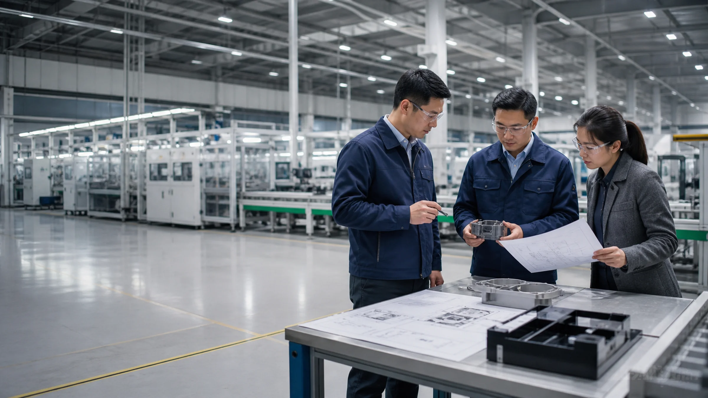 Oarly team reviewing a product sample and production plan in a modern factory