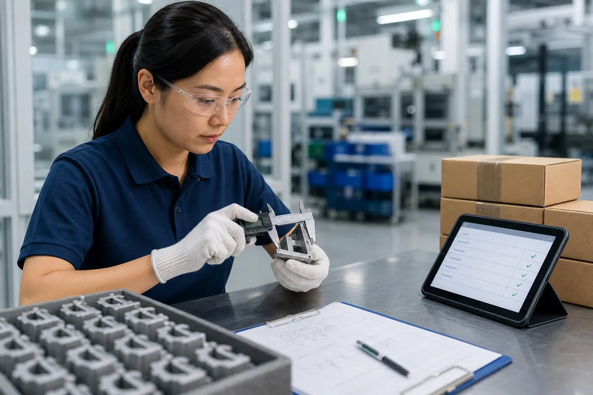 Quality inspector measuring a manufactured component against the agreed specification
