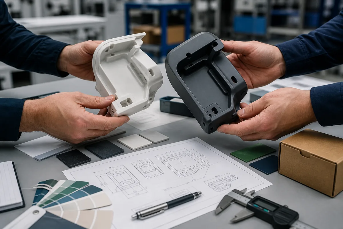 Engineers comparing prototype samples, materials and packaging before approval