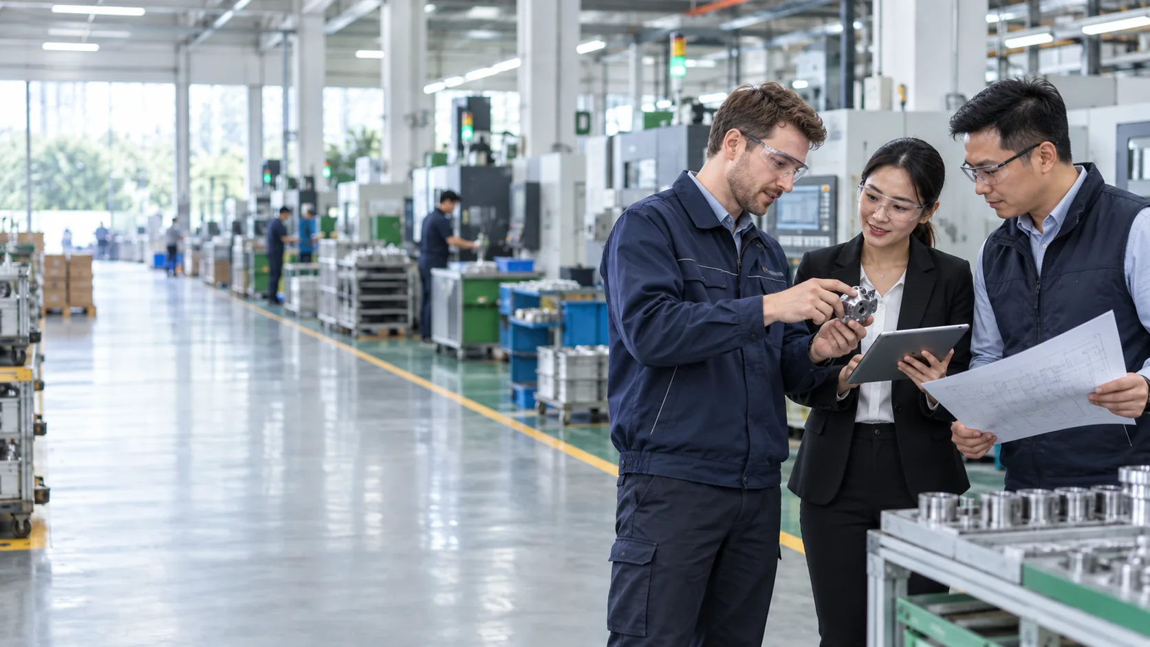 Manufacturing and commercial professionals reviewing a product and production information inside a modern factory