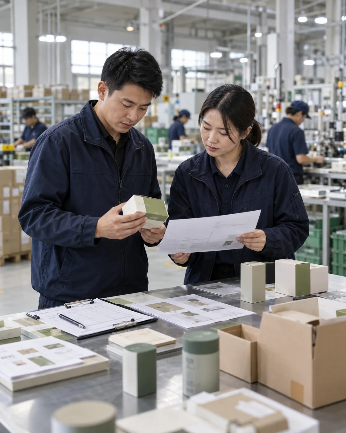 Factory operations professionals reviewing packaging samples and production specifications