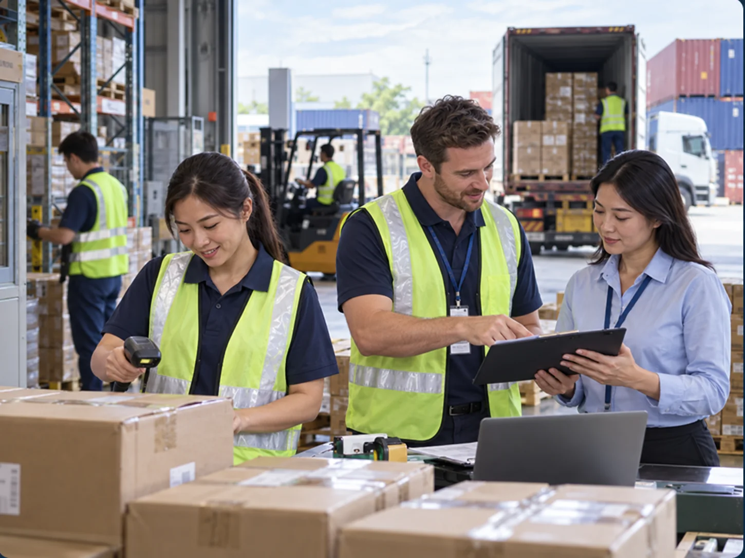 Warehouse and logistics professionals coordinating an international shipment