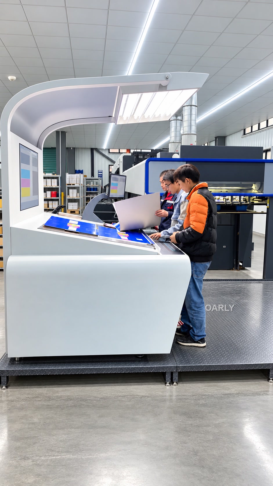 Print operators checking production sheets beside the printing press